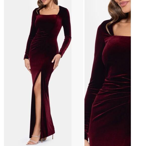 XSCAPE Women's Velvet Square Neck Dress with Long Sleeves Burgundy Size 8 NWT - Picture 1 of 9